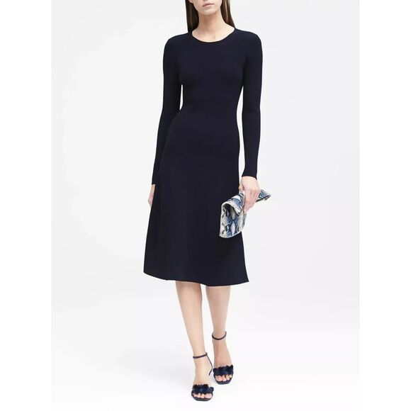 Banana Republic Preppy Ribbed Knit Navy Midi Dress Womens Small Petite Stretchy - Picture 1 of 13